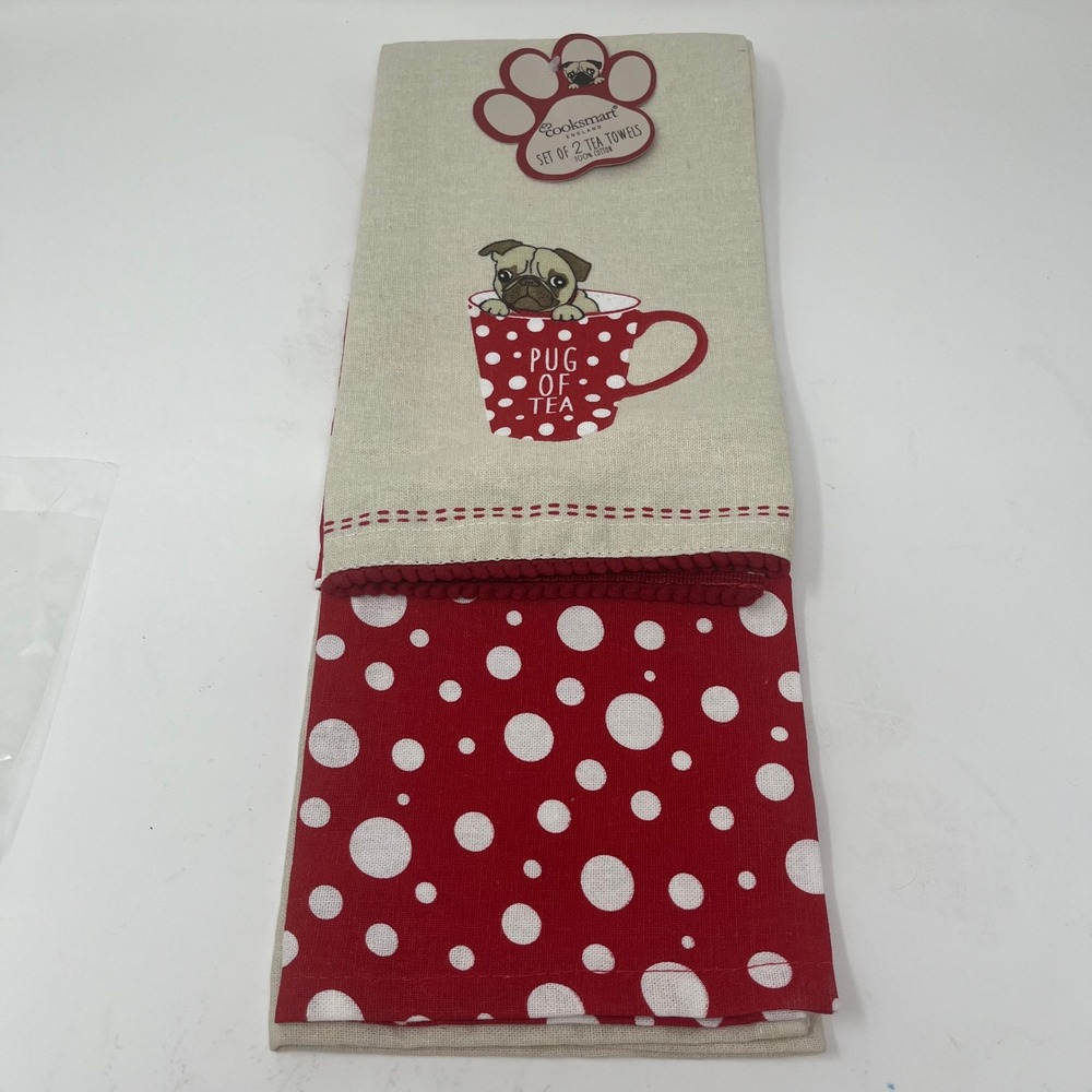 Cooksmart England Pug of Tea Towels Set 2 Red Polka Dot Kitchen Cotton New